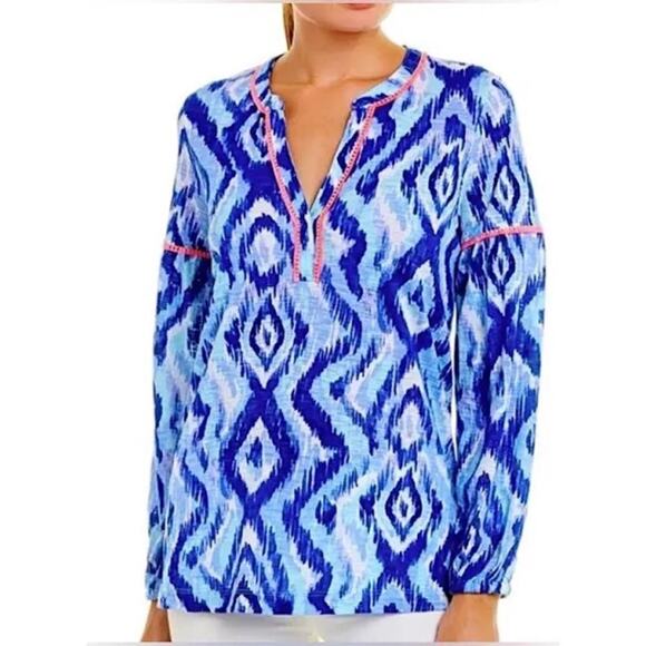 LILLY PULITZER Karissa Cotton Knit Tunic Blue Swish Fringe Trim Preppy - Small - Picture 2 of 7